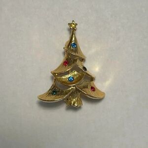 Vintage Christmas Tree Pin Brooch Gold Tone & Colored Rhinestone Holiday Jewelry